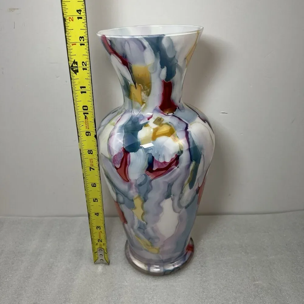 VTG Crane Crest Hand Blown Art Glass Vase Italy Murano Style Splatter MultiColor